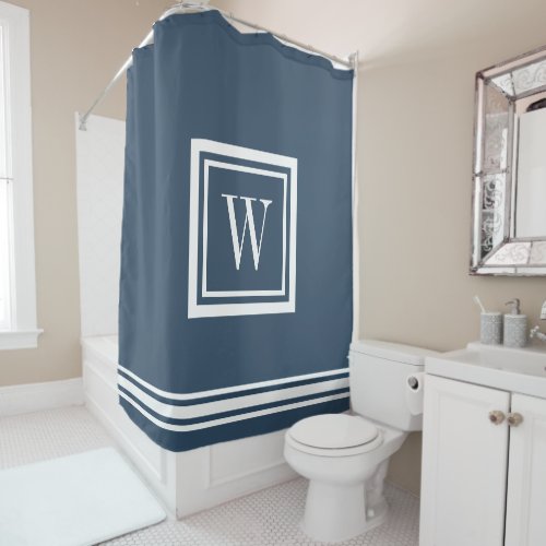 Lake Blue and White Classic Square Monogram Shower Curtain