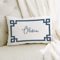 Lake Blue and White Custom Name Monogram Lumbar Pillow