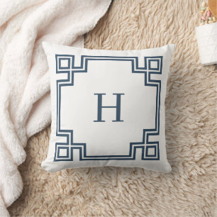 Lake Blue and White Greek Key Monogram Throw Pillow