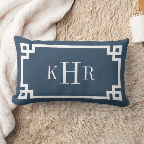 Lake Blue and White Greek Key  Monogrammed Lumbar Pillow