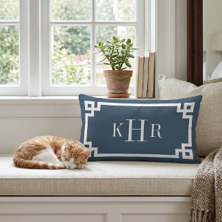 Lake Blue and White Greek Key | Monogrammed Lumbar Pillow