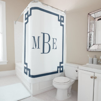 Lake Blue and White Greek Key | Monogrammed Shower Curtain