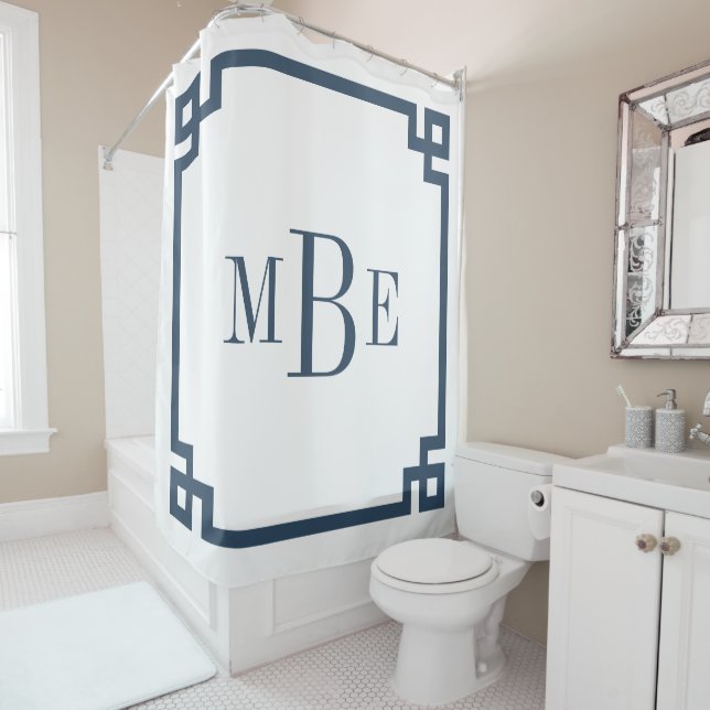 Lake Blue and White Greek Key | Monogrammed Shower Curtain (In Situ)