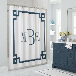 Lake Blue and White Greek Key   Monogrammed Shower Curtain