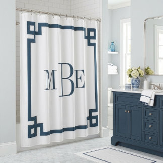 Lake Blue and White Greek Key | Monogrammed Shower Curtain