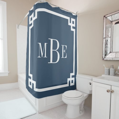 Lake Blue and White Greek Key  Monogrammed Shower Curtain