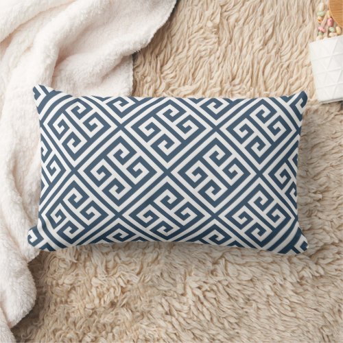 Lake Blue and White Greek Key Pattern Lumbar Pillow