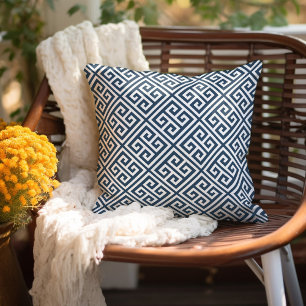 Lake Blue and White Greek Key Pattern Outdoor Pillow