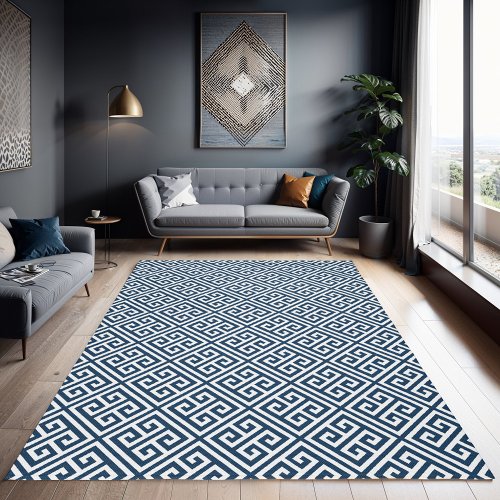 Lake Blue and White Greek Key Pattern Rug