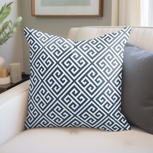 Lake Blue and White Greek Key Pattern Throw Pillow