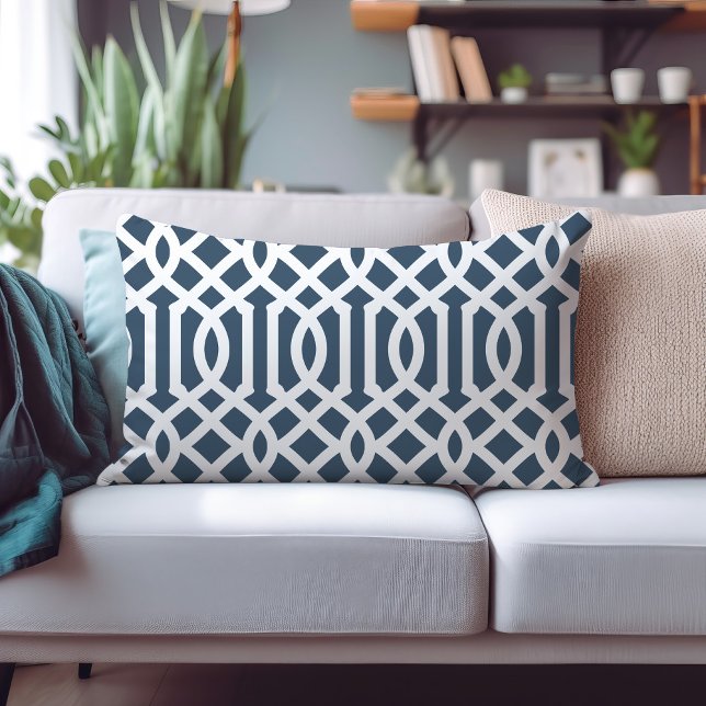 Lake Blue and White Trellis Pattern Lumbar Pillow (Creator Uploaded)