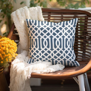 Lake Blue and White Trellis Pattern Outdoor Pillow