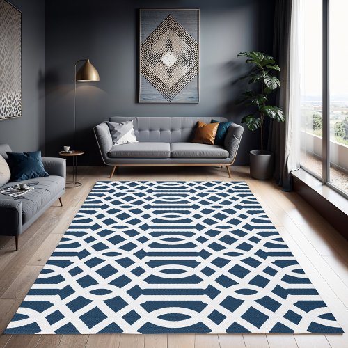 Lake Blue and White Trellis Pattern Rug