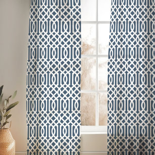 Lake Blue and White Trellis Pattern Sheer Curtains