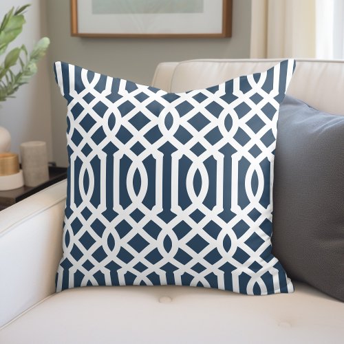 Lake Blue and White Trellis Pattern Throw Pillow