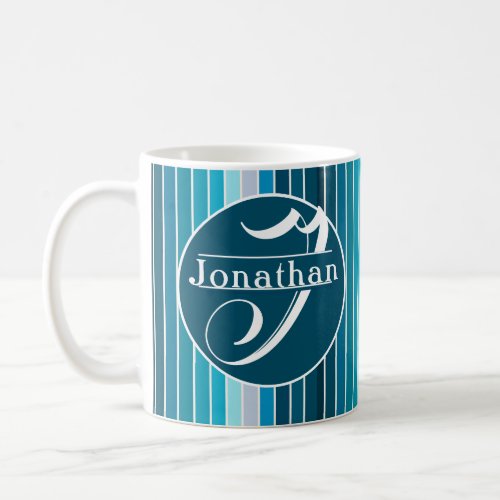 Lake Blue Stripes Navy Sky Blue Aqua Monogrammed Coffee Mug