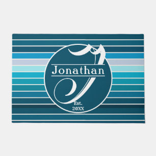 Lake Blue Stripes Navy, Sky Blue, Aqua Monogrammed Doormat