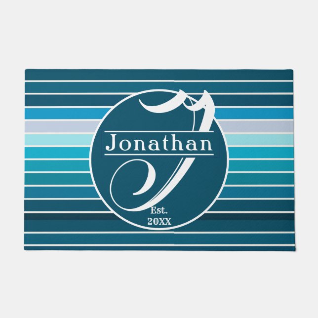 Lake Blue Stripes Navy, Sky Blue, Aqua Monogrammed Doormat (Front)