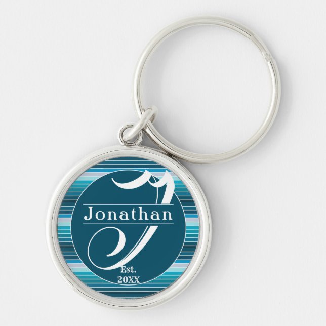 Lake Blue Stripes Navy, Sky Blue, Aqua Monogrammed Keychain (Front)