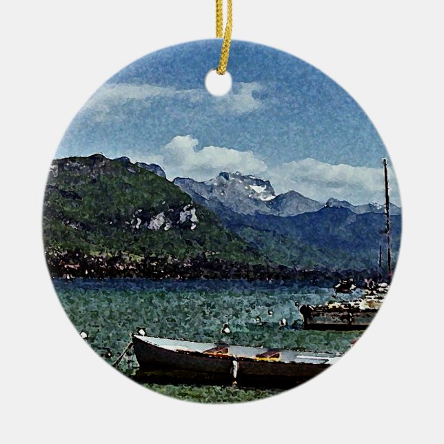 Lake Boats and Mountains in Annecy France Ceramic Ornament (Front)