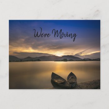 Lake Boats Mountain Sunset Rocks Change Of Address Announcement Postcard by LittleThingsDesigns at Zazzle
