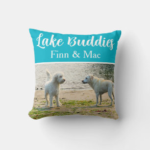 Lake Buddies Aqua Blue Personalized Pet Photo Throw Pillow
