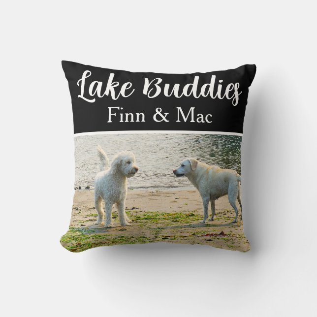 Lake Buddies Black Personalized Pet Photo Throw Pillow (Front)