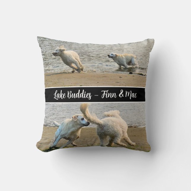 Lake Buddies Black Personalized Pet Photo Throw Pillow (Front)