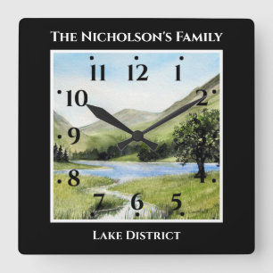 Lake Buttermere, Cumbria, England Watercolor Black Square Wall Clock