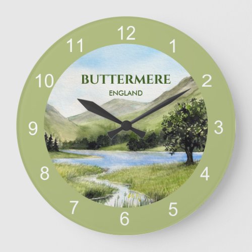 Lake Buttermere Cumbria England Watercolor Large Clock