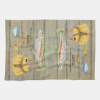 Lake Cabin Trout Fishing Creel Lures Vintage Kitchen Towel