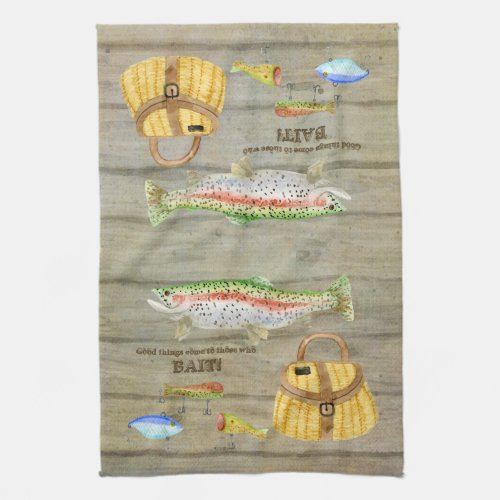 Lake Cabin Trout Fishing Creel Lures Vintage Kitchen Towel