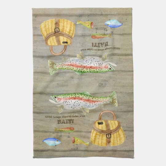 Lake Cabin Trout Fishing Creel Lures Vintage Kitchen Towel
