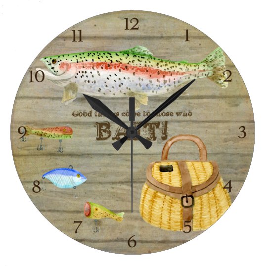 Lake Cabin Trout Fishing Creel Lures Vintage Large Clock