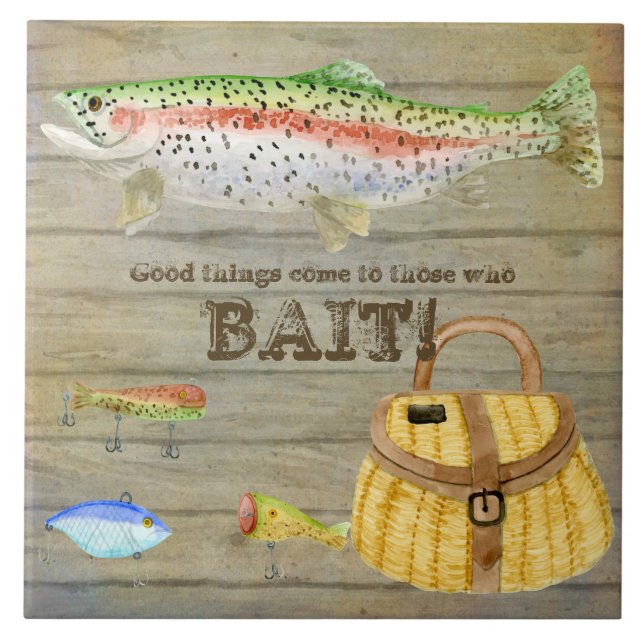 Lake Cabin Trout Fishing Creel Lures Vintage Tile (Front)