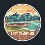 Lake Champlain Boating Fishing Emblem Magnet<br><div class="desc">Lake Champlain hand drawn illustration with canoe,  tents,  and mountains in the background. Perfect for anyone who loves to visit Lake Champlain.</div>