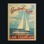 Lake Champlain Sailboat Vintage Travel Postcard<br><div class="desc">This Greetings From Lake Champlain vintage travel nautical design features a boat sailing on the water with seagulls and a blue sky filled with gorgeous puffy white clouds.</div>