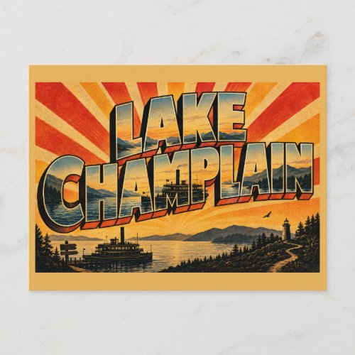Lake Champlain VT Ferry Boat Mountain Art Postcard