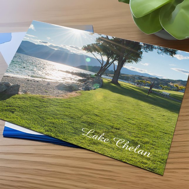 Lake Chelan Washington State Sunshine Travel Photo Postcard (Lake Chelan postcard, Eastern Washington state travel landscape photo)