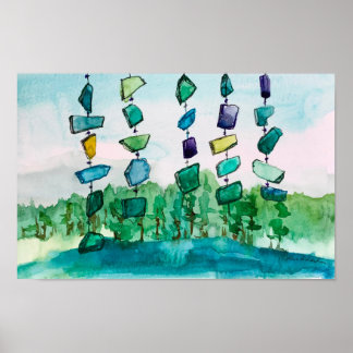 Lake Chimes Blue Glass Landscape Painting Poster
