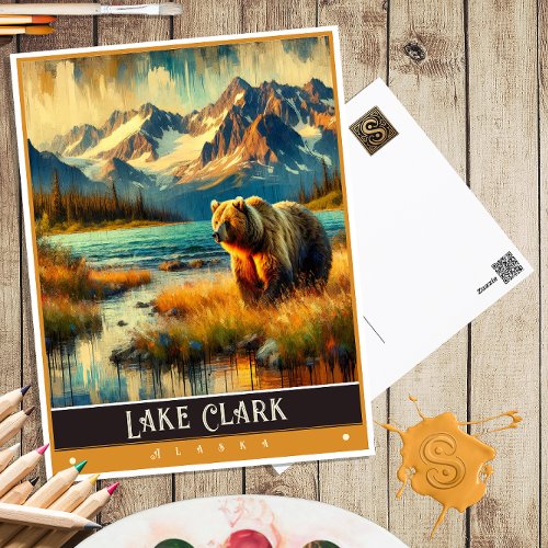Lake Clark Alaska  Vintage Painting Postcard