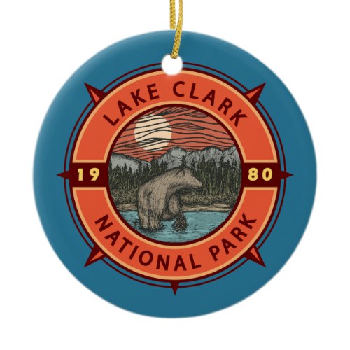 Lake Clark National Park Brown Bear Retro Compass Ceramic Ornament