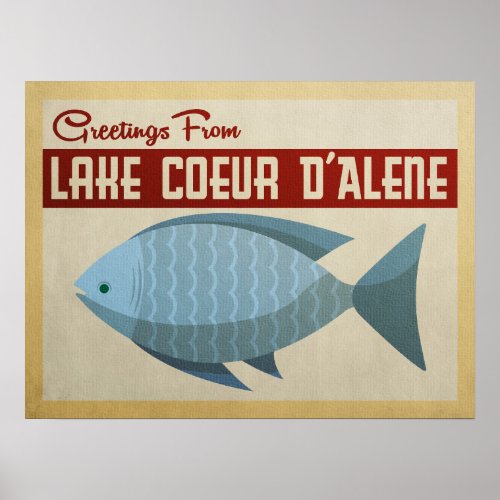 Lake Coeur dAlene Blue Fish Vintage Travel Poster