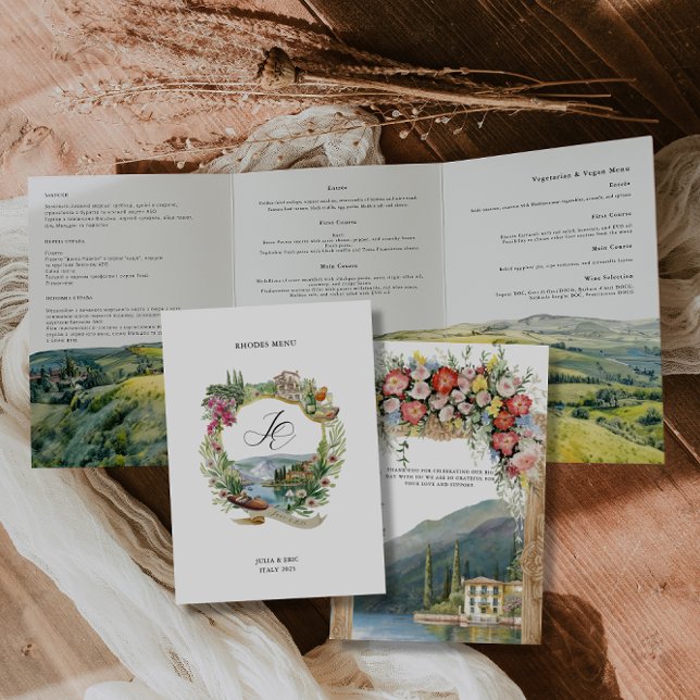 Lake Como Italy | Illustrated Wedding  Tri-Fold Invitation (Creator Uploaded)