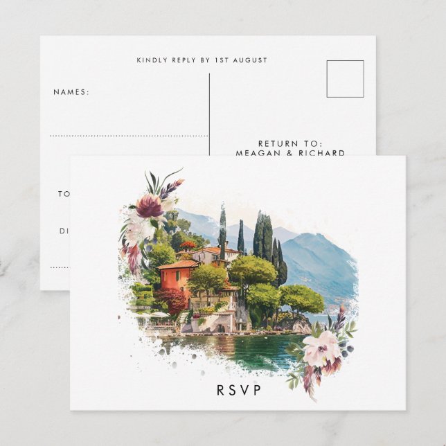Lake Como Italy summer wedding rsvp postcard (Front/Back)