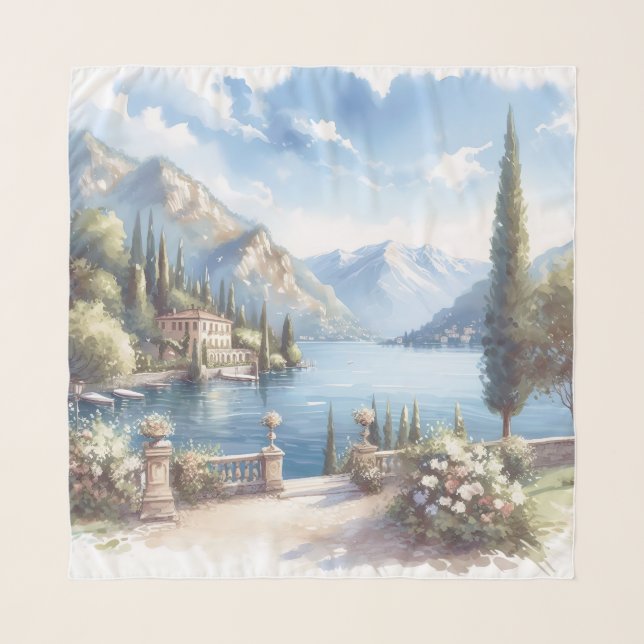 Lake Como watercolor landscape wedding destination Scarf (Front)
