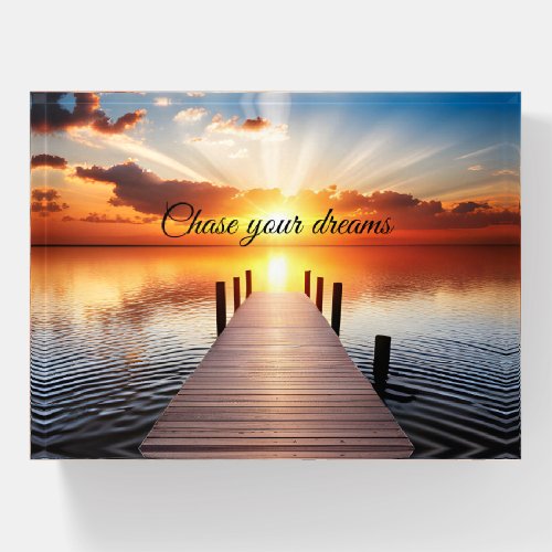 Lake Dock and Sunrise With Quote Paperweight