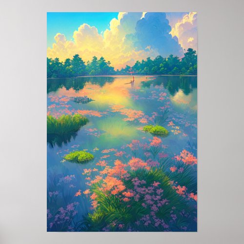 Lake Embracing the Allure of Pink Lilies Poster