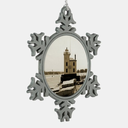 Lake Erie Lighthouse Snowflake Pewter Christmas Ornament