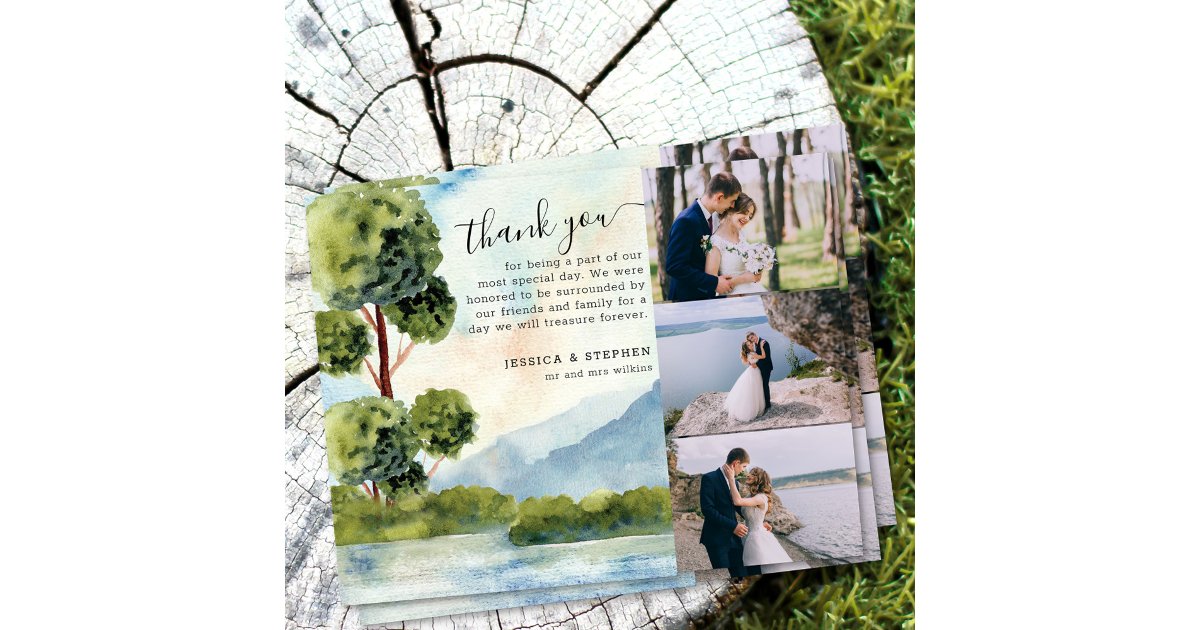Lake Evergreen 3 Photo Watercolor Wedding Thank You Card | Zazzle